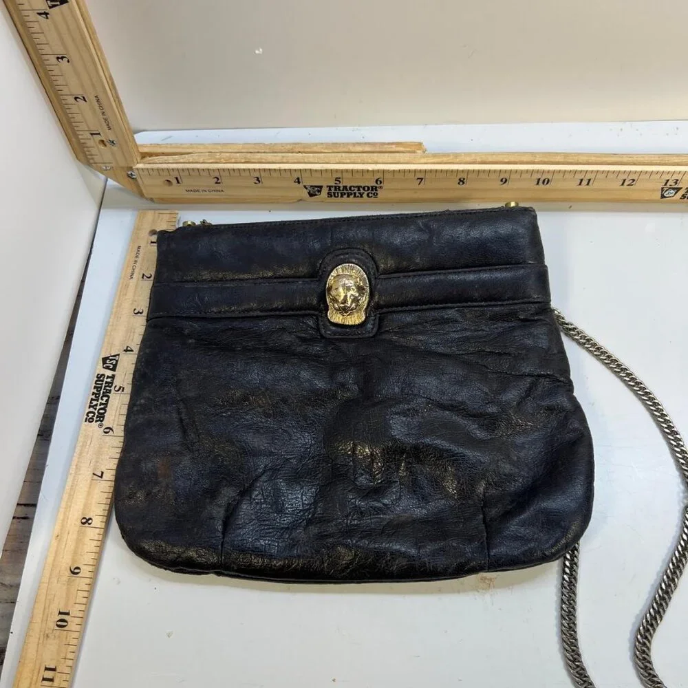 Women's Vintage Black Leather Handbag Chain Strap Clutch with Gold Emblem - Picture 1 of 4